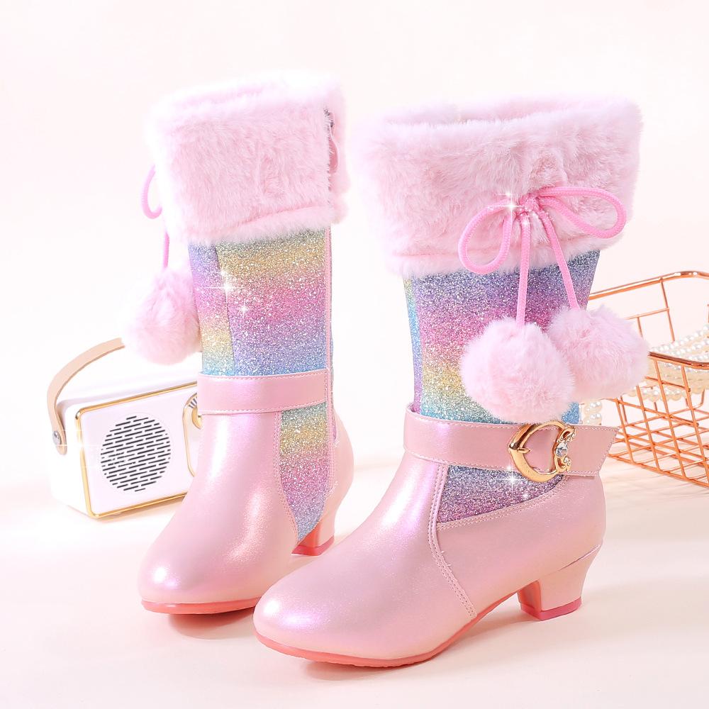 Classic Children Snow Boots Girls Colored Sequins Cute Hairball Bow Side Zipper Princess Shoes Autumn Winter Plush Warm Boots
