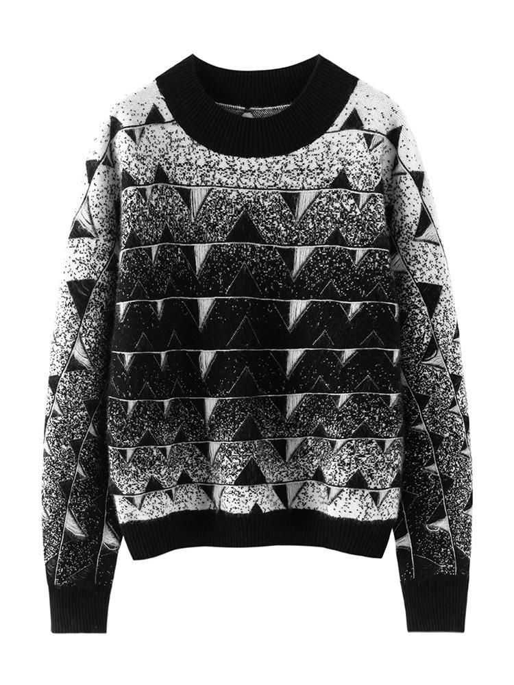 2025 Autumn/Winter Women's Pure Australian Wool Jacquard Sweater - Thick, Cashmere-Feel, Half-High Neck, Loose Fit.