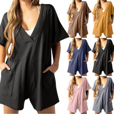 Women's Solid Color Plus Size Casual V-neck Loose Pocket Short Sleeve Shorts Jumpsuit Shorts