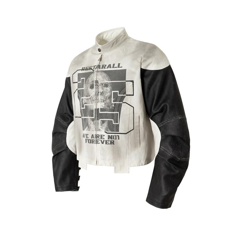 Mens Streetwear Biker Jacket With Skull Patch PU Leather Panel Structured Stitching Loose Fit Fall