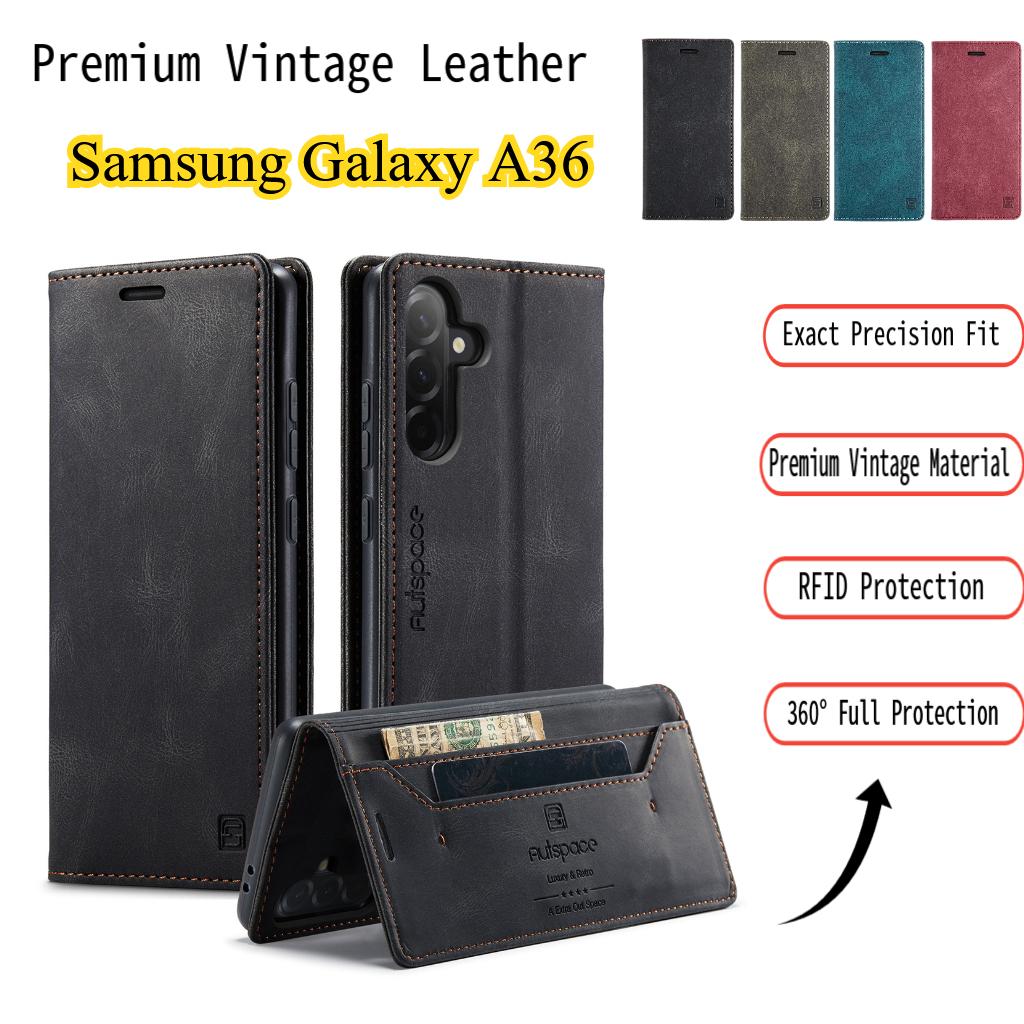 Premium Vintage Leather Wallet Case for Samsung Galaxy A36 - RFID Protection Flip Cover with Card Slots, Shockproof Retro Style (4 Colors)