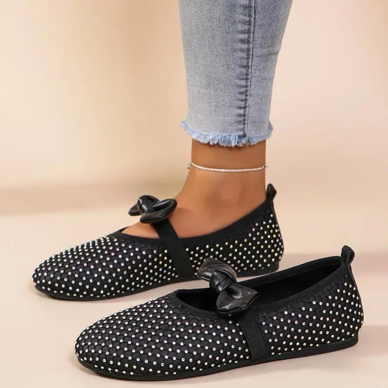 2024 Heiß Verkauft Luxus Strass Nieten Ballerinas Damen Schleife Weiche Sohle Mary Jane Schuhe Damen Kristall Schnalle Slipper