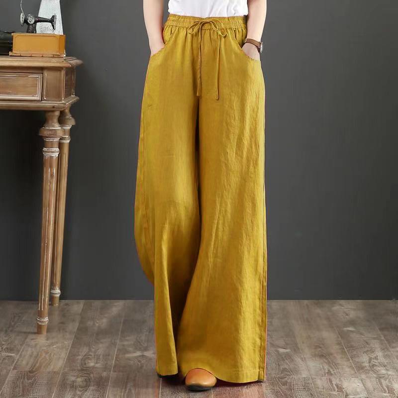 Sixteen Colors Multi-color High Waist Wide-Leg Linen Cotton Korean Style Women's Pants, Spring/Summer, Plus Size, Floor-Length, Straight Leg.