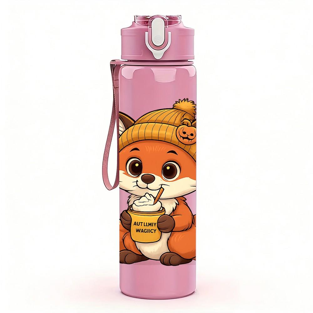 1PC Autumn Hat Fox Illustration 750ml Color Plastic Sports Water Bottle Leakproof Flip Straw Lid Suitable for Sports Office Home Use