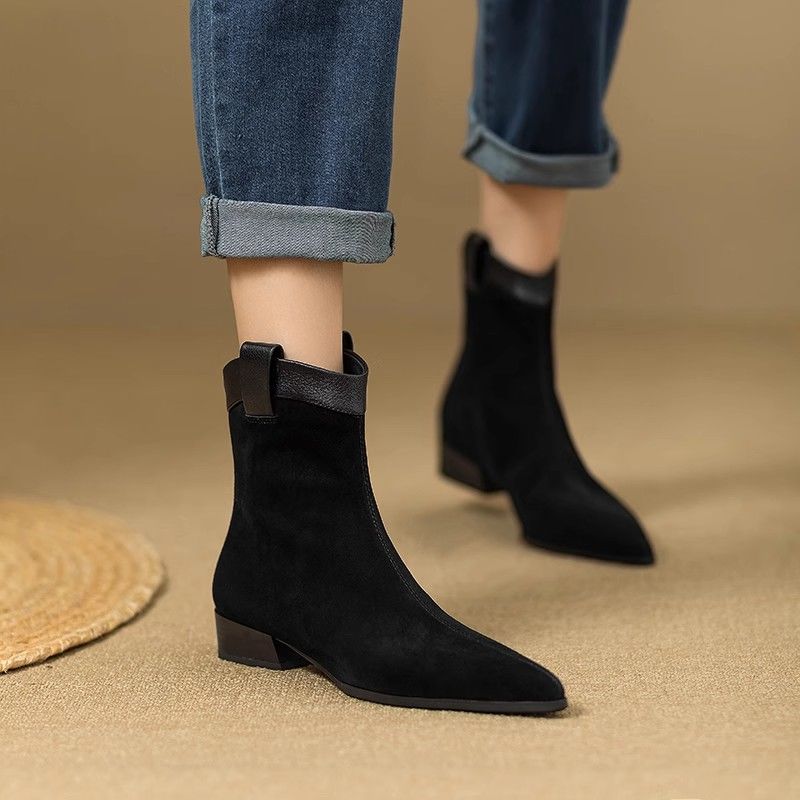 Fashion Ankle Boots for Women Pointed Toe Leather Splicing Suede Booties Chelsea Non Slip Autumn On Offer New Rock In Woman Short Shoes