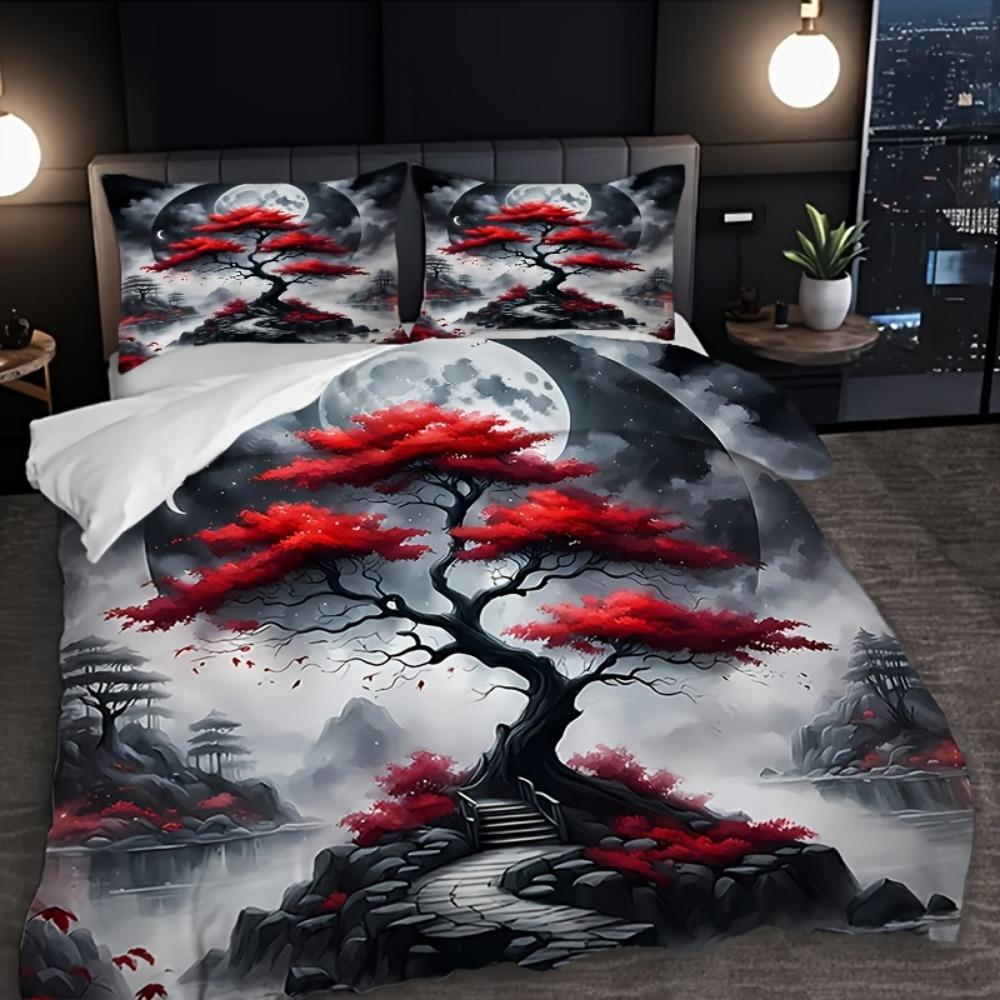 3pcs Chinese Style Bedding Set Misty Scenery Print Cozy Duvet Cover Set King Queen Twin Single Size Birthday Gift Bedroom Decor