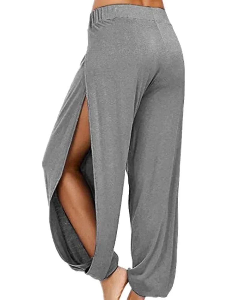 

Штаны для йоги больших размеров, женские летние повседневные пляжные брюки, свободные танцевальные широкие штанины, эластичный пояс, открытый сбоку, высокий разрез S темно-серого