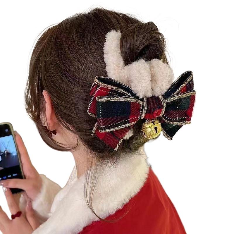 1pc Christmas Bell Bow Plush Hair Clip Cute Autumn/Winter Back-of-Head Clip For Ponytails And Bun Hairstyles Large Shark Clip
