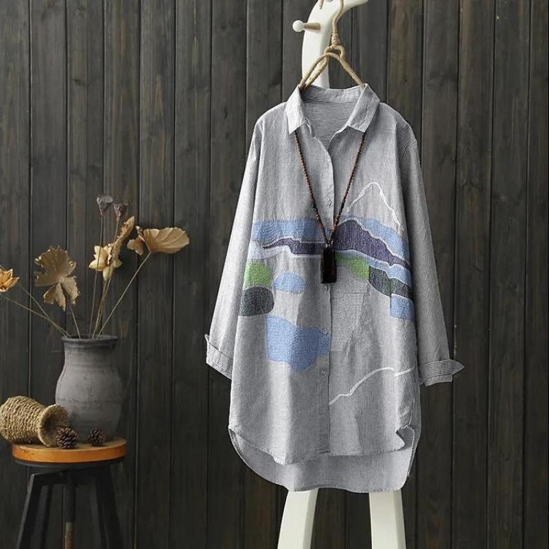 Spring Autumn Embroidered Medium Length Long Sleeved Cotton Hemp Shirt for Women Fine Striped Artistic Large Size Loose Shirt Top for Women