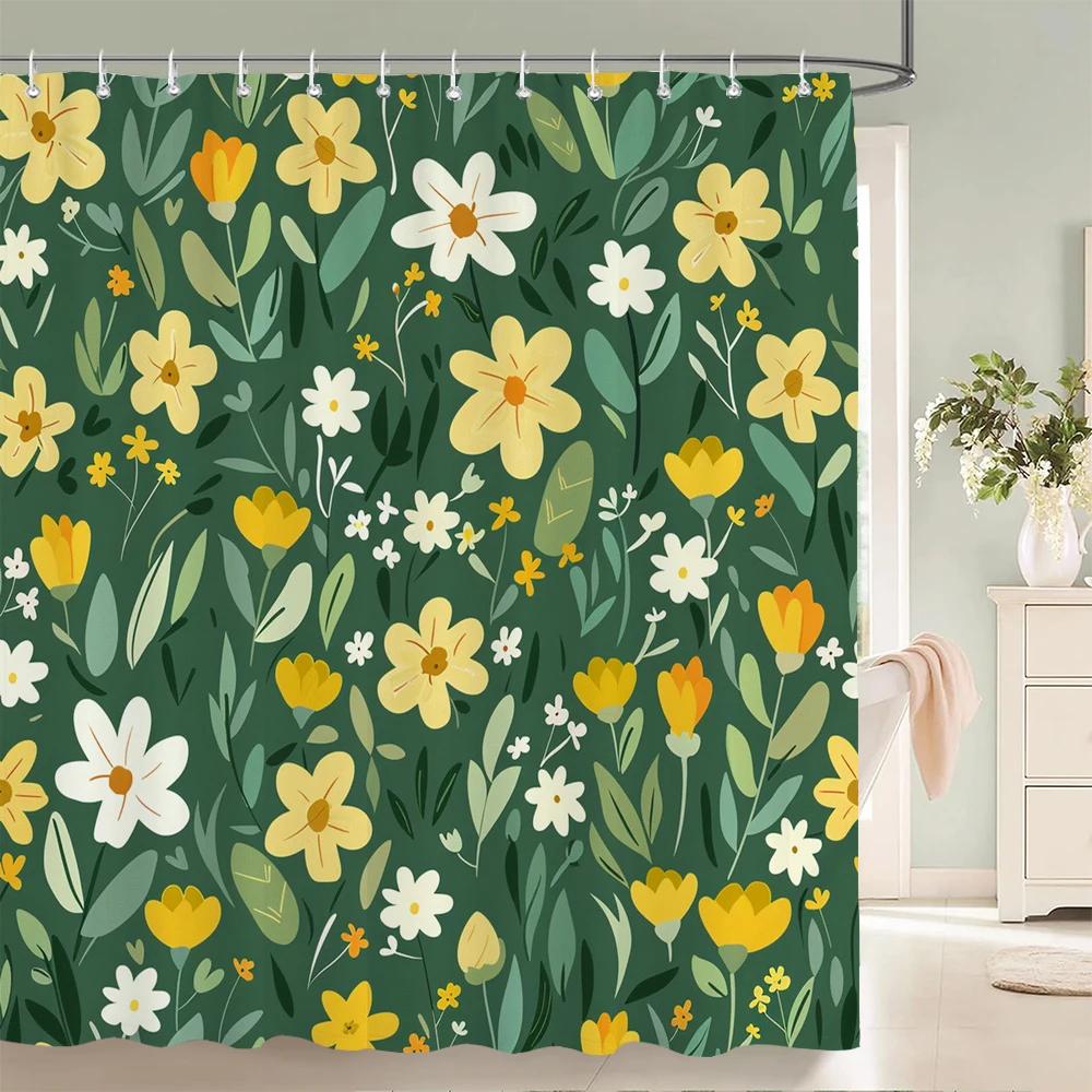 Home Shower Curtains for Bathroom Waterproof Fabric Spring Floral  and Plants Bathroom Curtains with Hooks Decorative Curtain