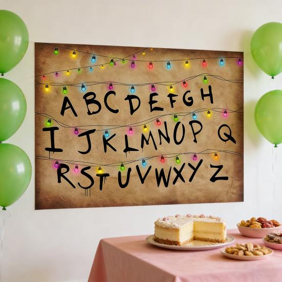 Yousheng Rustikaler Alphabet-Hintergrund Retro Bunt Lichterketten Alphabet Hintergrund Auf dem Kopf stehendes Thema Foto-Requisiten für Halloween Geburtstagsfeier Zubehör