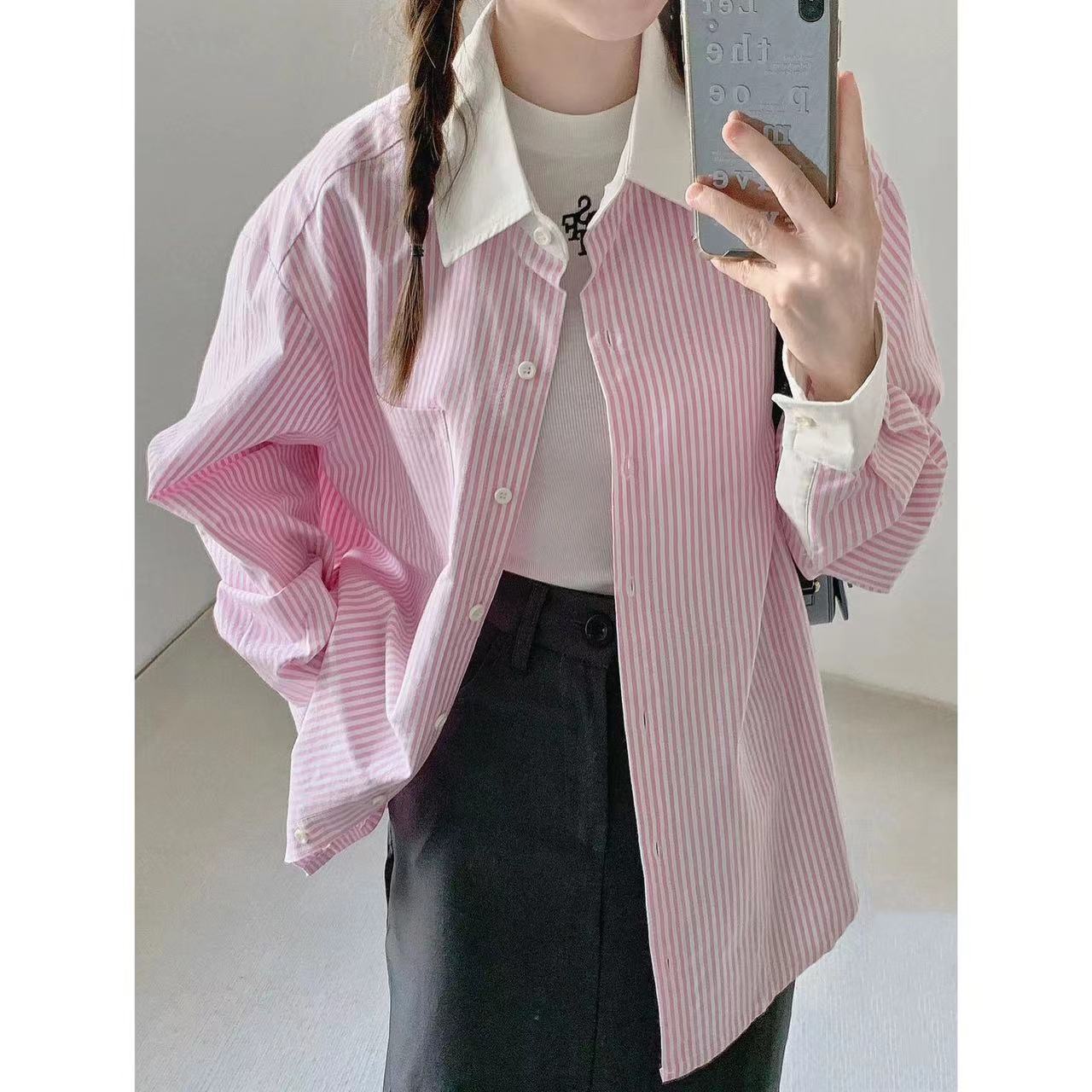 

Женская рубашка в розовую и белую полоску, контрастного цвета, повседневная рубашка с длинными рукавами, корейский минималистский свободный женский топ 2XL