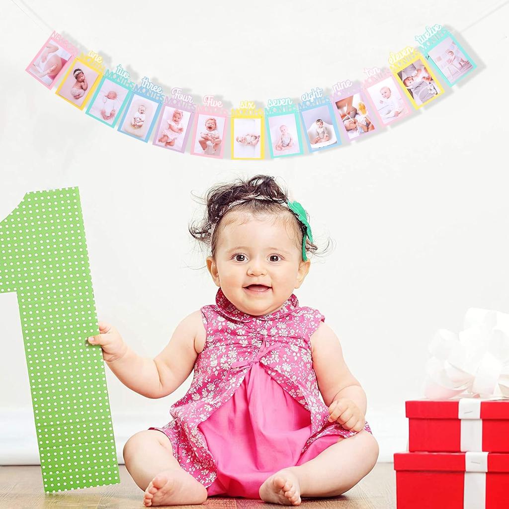 Rainbow Girls 1st Birthday Decorations - Colorful 1 To 12 Months Photo Banner,Newborn Monthly Milestone Photos,Baby Girl First Year Rainbow Themed
