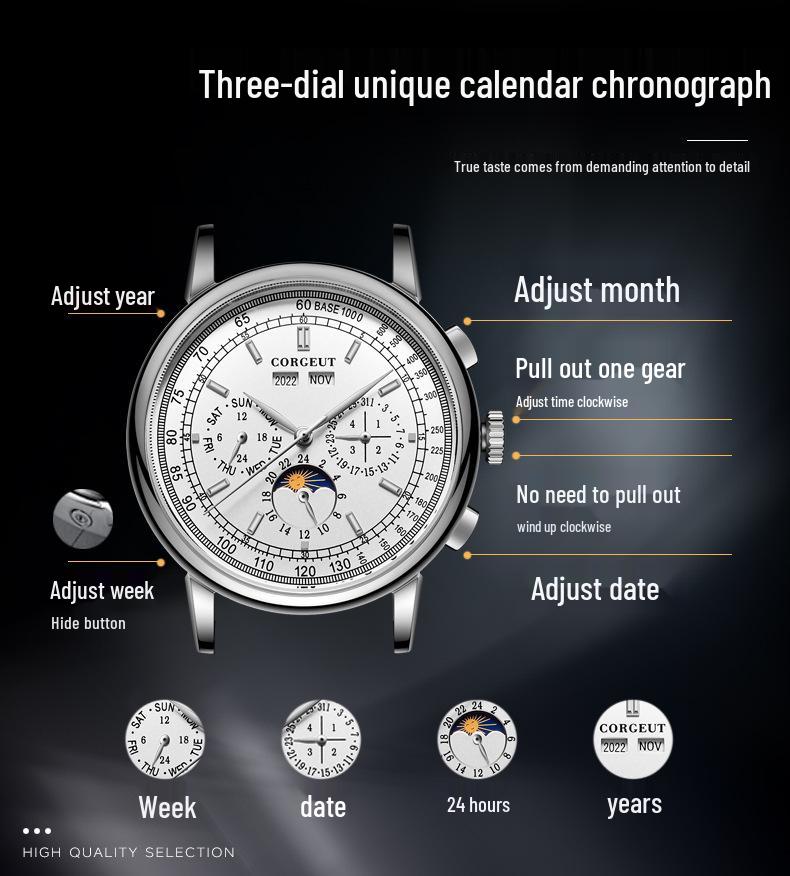 Men's Multifunctional Genuine Leather Automatic Mechanical Watch