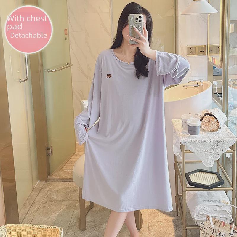 Modal Long-Sleeve Nightdress with Chest Pads for Plus-Size Women
