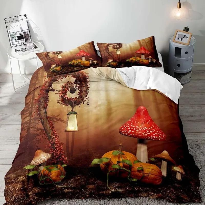 Aesthetic Boho Duvet Cover Full,3PCS  Bedding Set,Green Plant Botanical Fungus Beige Comforter Bedspread Quilt Cover