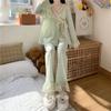 Nowy damski zestaw piżamy z dekoltem w serek i sznurowaniem, wiosenno-jesienny, top z długim rękawem, długie spodnie, piżama z koronką