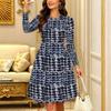 Women Long Sleeve Round Neck Midi Dress Boho Gradient Tie Dye Floral Stripe Plum Blossom Print Flared Casual Dress