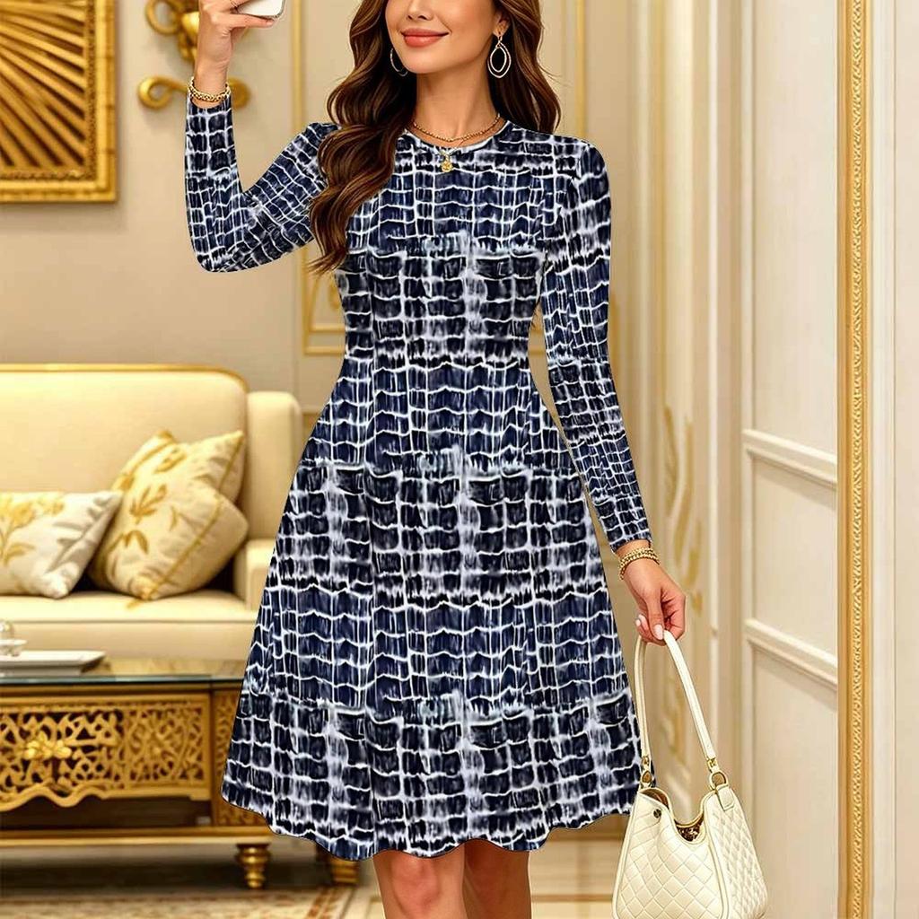 Women Long Sleeve Round Neck Midi Dress Boho Gradient Tie Dye Floral Stripe Plum Blossom Print Flared Casual Dress