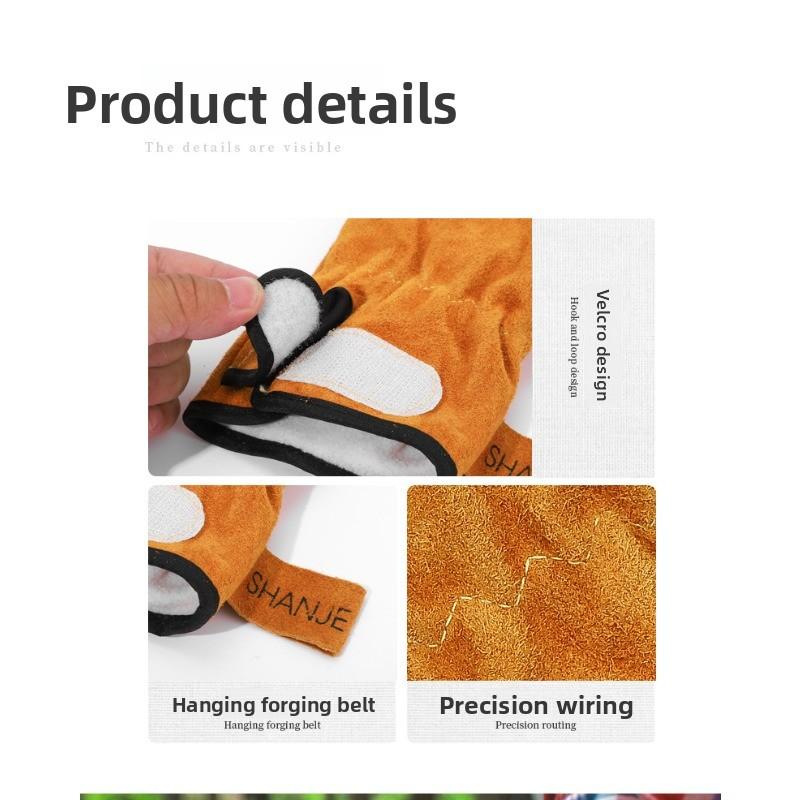 Heat-resistant and flame-retardant gloves, thickened cowhide high-temperature resistant welding leather gloves, durable camping protective gloves