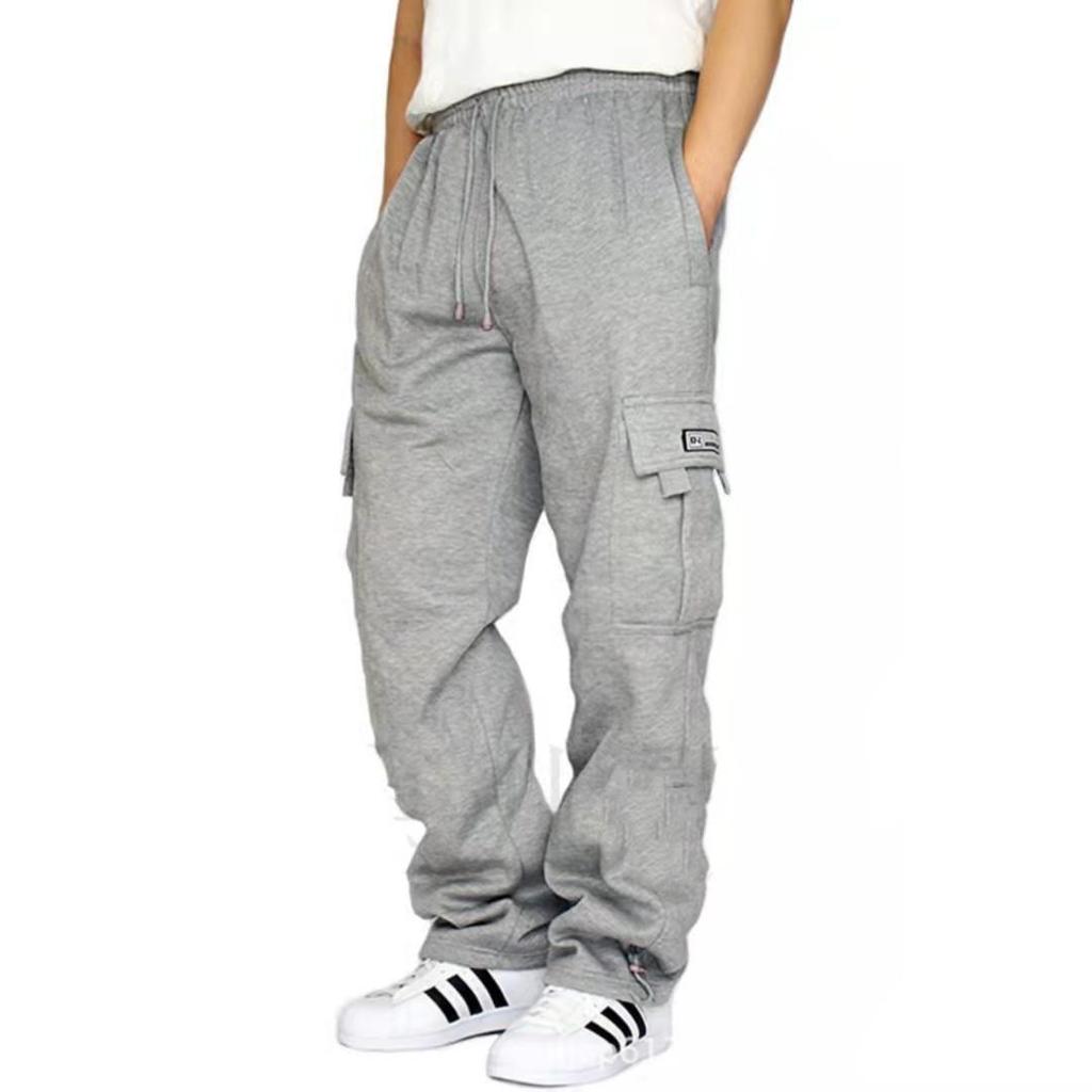 Men's Fleece-lined Sporty Casual Cuffed Ankle Multi-pocket Drawstring Loose Workwear Pants