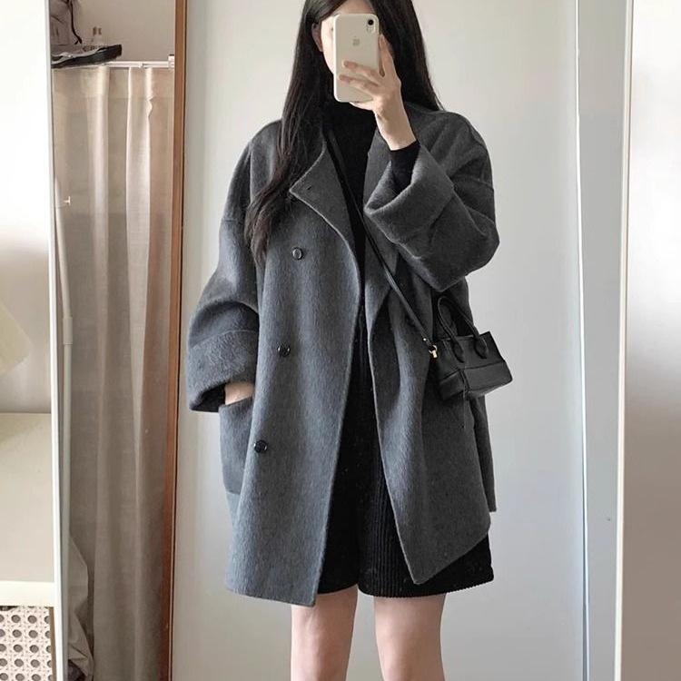Gray Korean-Style Wool Coat for Women - Spring/Autumn 2025, Petite Mid-Length