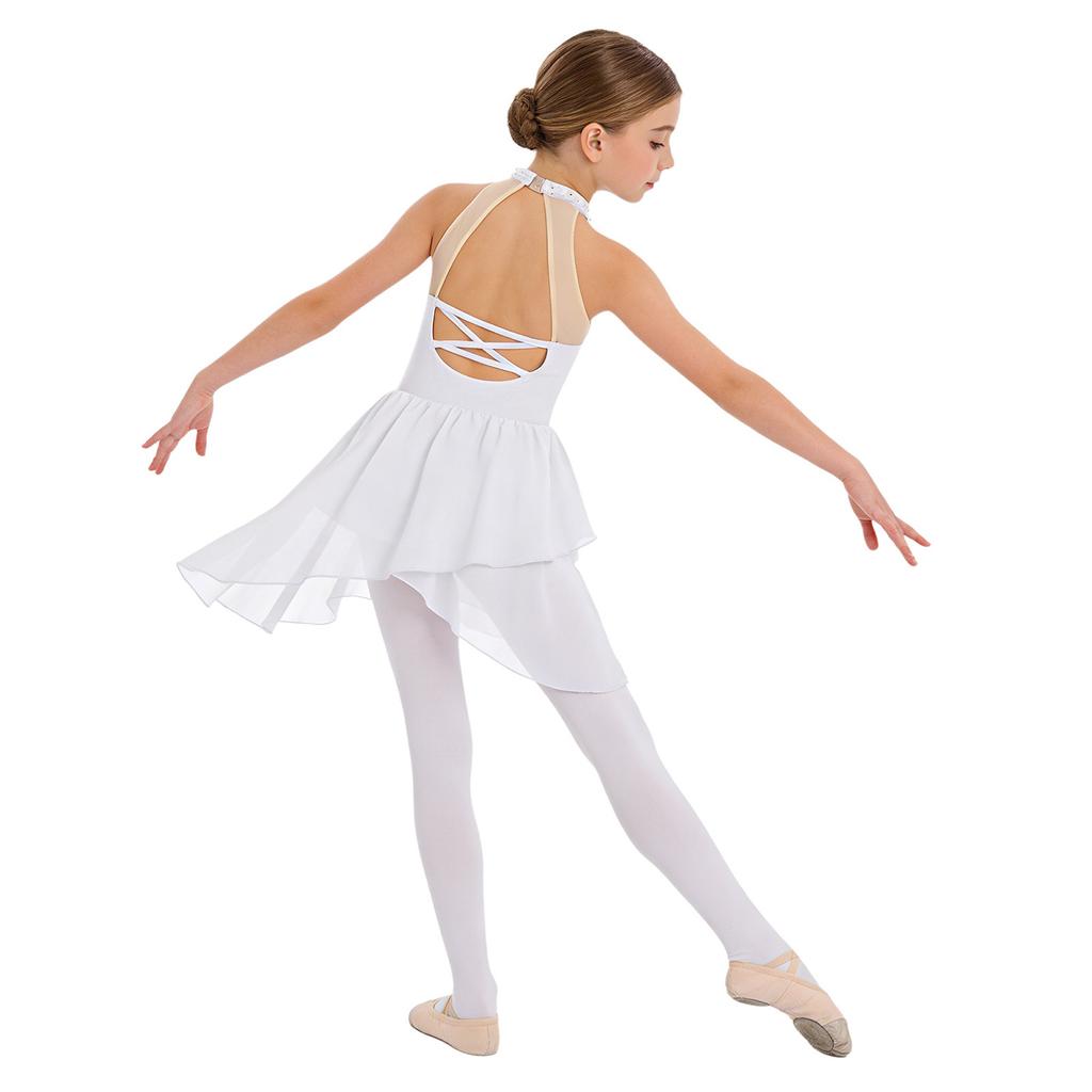 Dziewczęca Błyszcząca Sukienka Patchworkowa z Dżetami Bez Rękawów z Krytym Dekoltem Przezroczysta Siateczka Odkryte Plecy Nieregularny Dół Kostium do Tańca Lirycznego