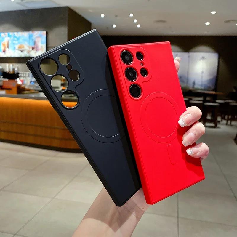 Original Liquid Silicone For Magsafe Magnetic Wireless Charge Case For Samsung S25 S24 S23 S22 Ultra Plus Square Protector Cover