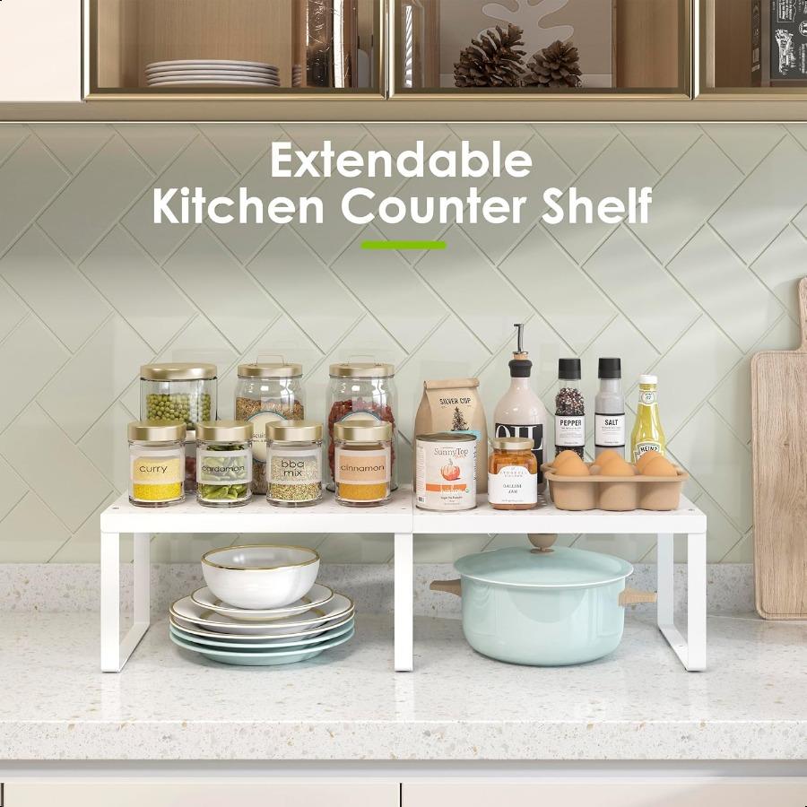 Expandable Cabinet Shelf Organizers Set of 2 Stackable Kitchen Countertop Shelf Storage Spice Rack Mug Organizer for Cabinet Co