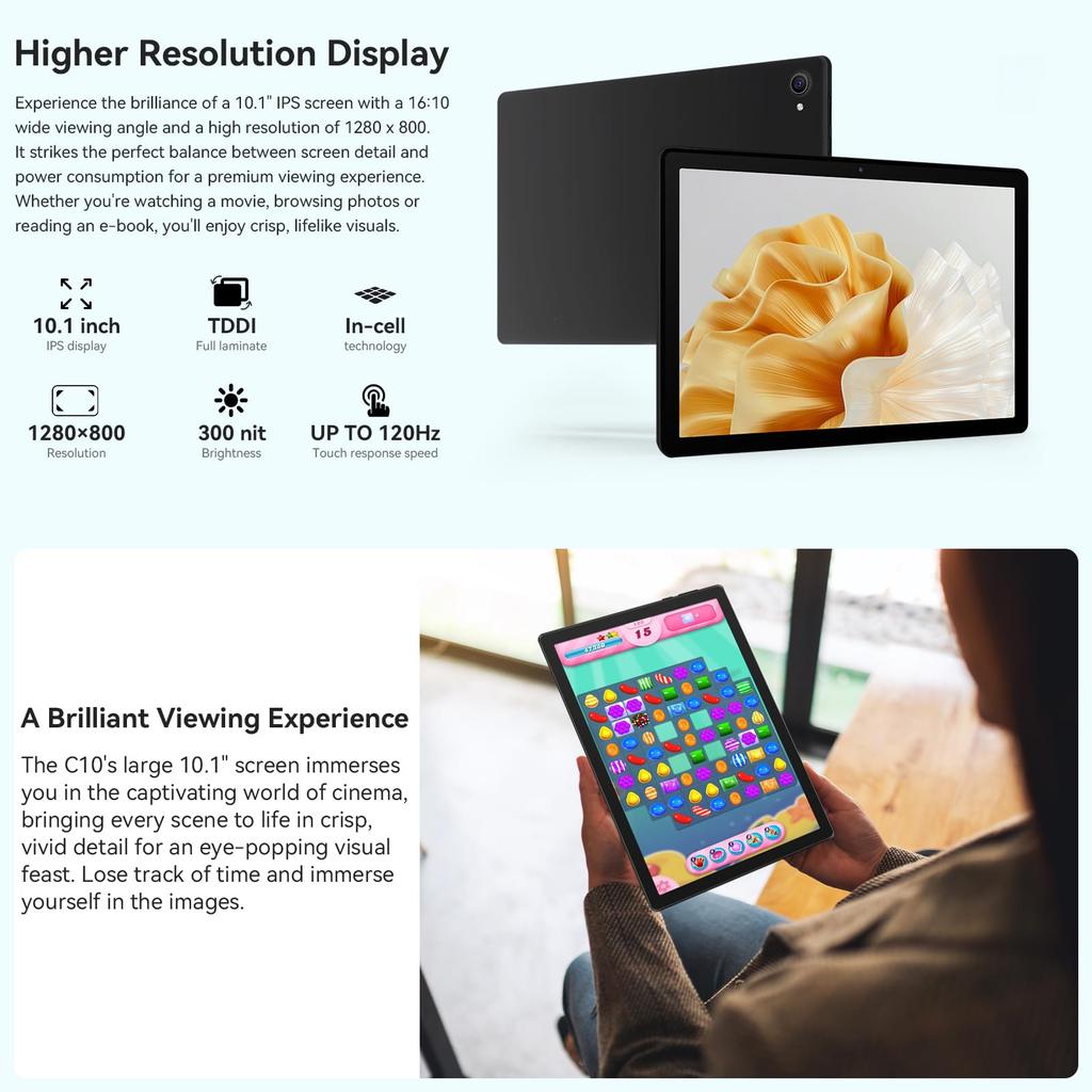 Tablet Android 15, 10,1 palce, 20 GB RAM, 64 GB ROM, WiFi 6, Widevine L1, HD IPS displej 120 Hz