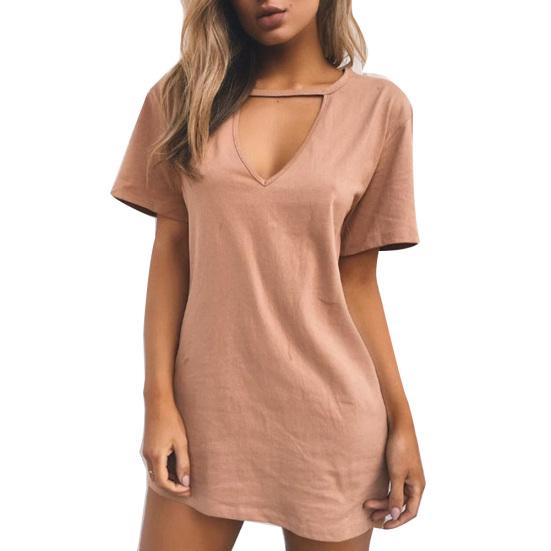 

Повседневная женская однотонная футболка с глубоким V-образным вырезом и коротким рукавом, сексуальная свободная L телесный