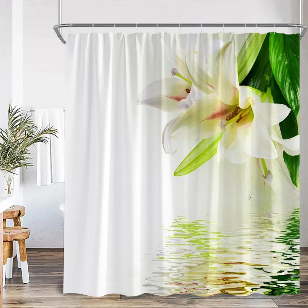 Flower Butterfly Shower Curtain Pink Purple Flowering Plant Art Bathroom Decorations Shower Curtain With Hook