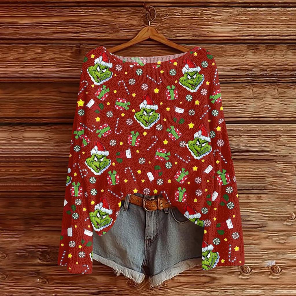 Women's Round Neck Lightweight Sweater Casual Long Sleeve Christmas Print Knit Pullover.