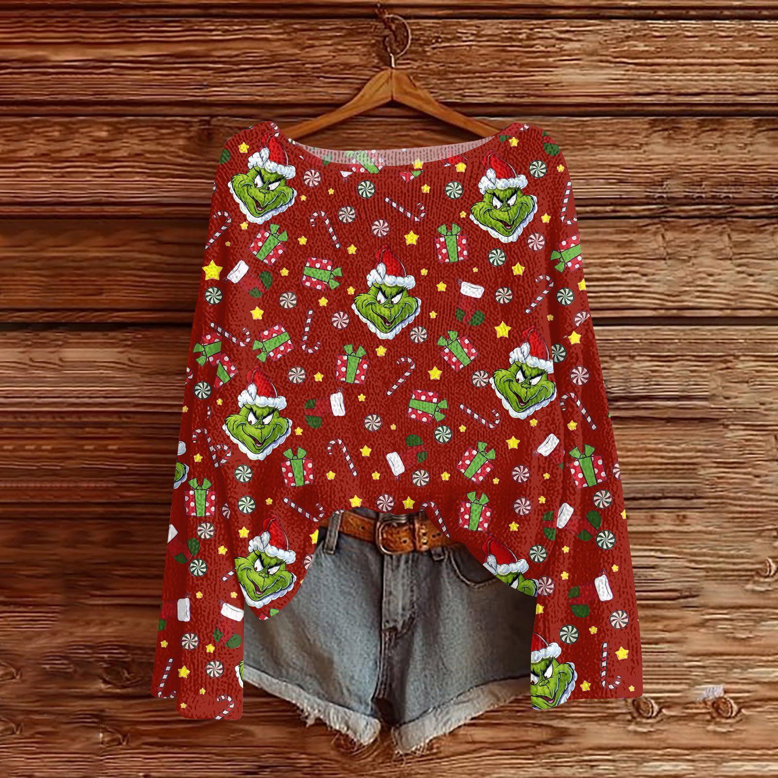 Женский легкий свитер с круглым вырезом повседневный вязаный пуловер с длинным рукавом и рождественским принтом M винный 2289₽