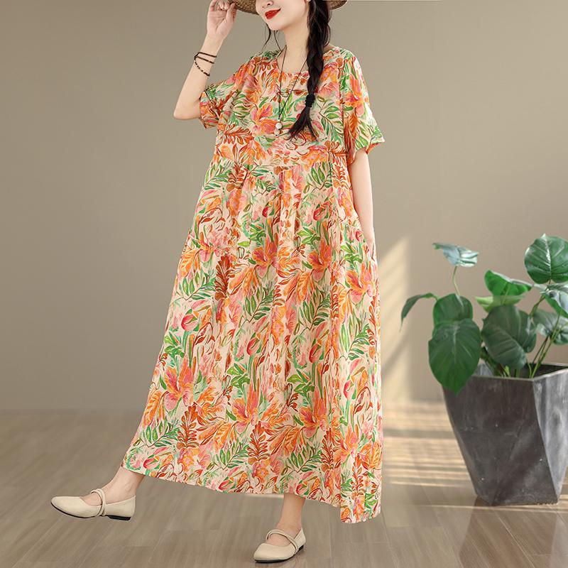 DIMANAF New 2026 Women Plus Size Summer Casual Long Dress Cotton Loose Oversize Floral Print Beach Sundress