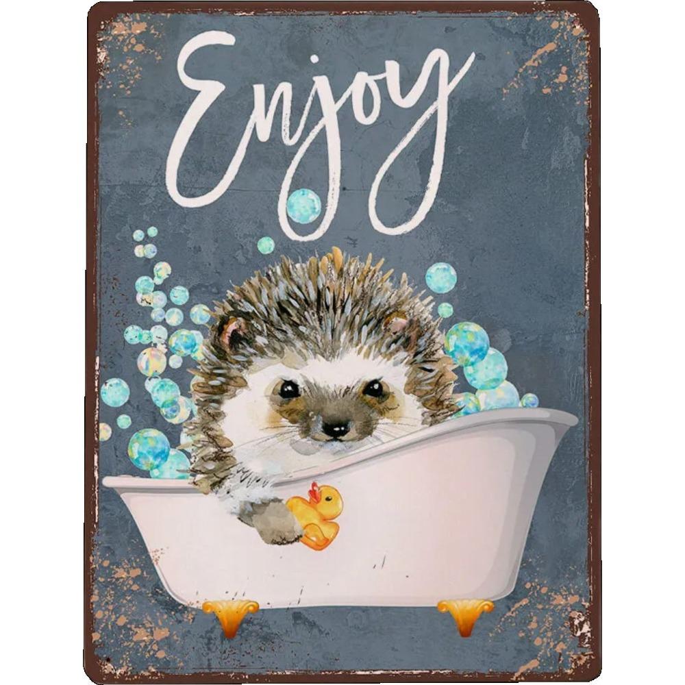 

Bathroom Metal Art Picture 20x30cm, Enamel Coated Wall Decor Hedgehog Design, Moisture Resistant Tin Sign 20