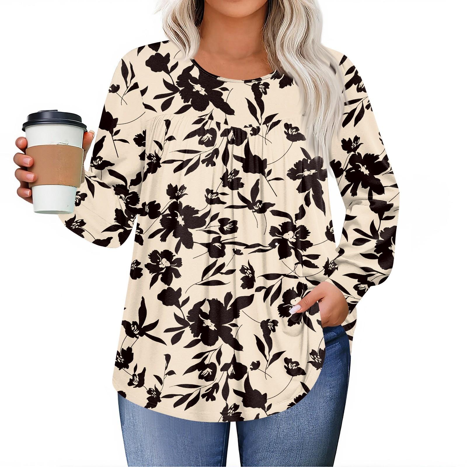 

Womens Plus Size Tops Long Sleeve Shirts Round Neck Flowy Tunic Casual Loose Blouse L-5X L бежевий