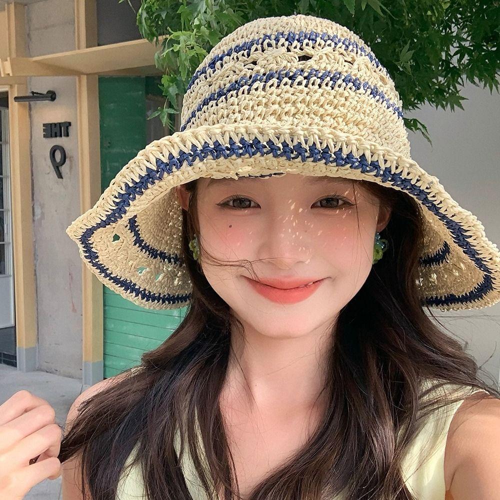 Handmade Weave Crochet Hat Summer Fisherman Caps Ins Straw Bucket Cap  Travel