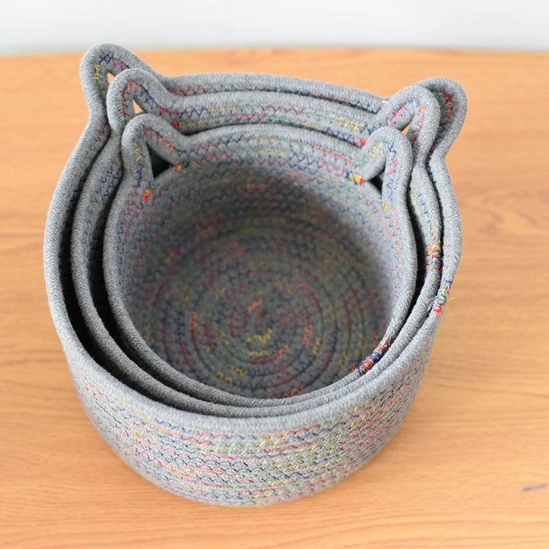 Cat Ear Storage Basket Handwoven Cotton Rope Round Bin Cute Home Organization for Bedroom Natural Style