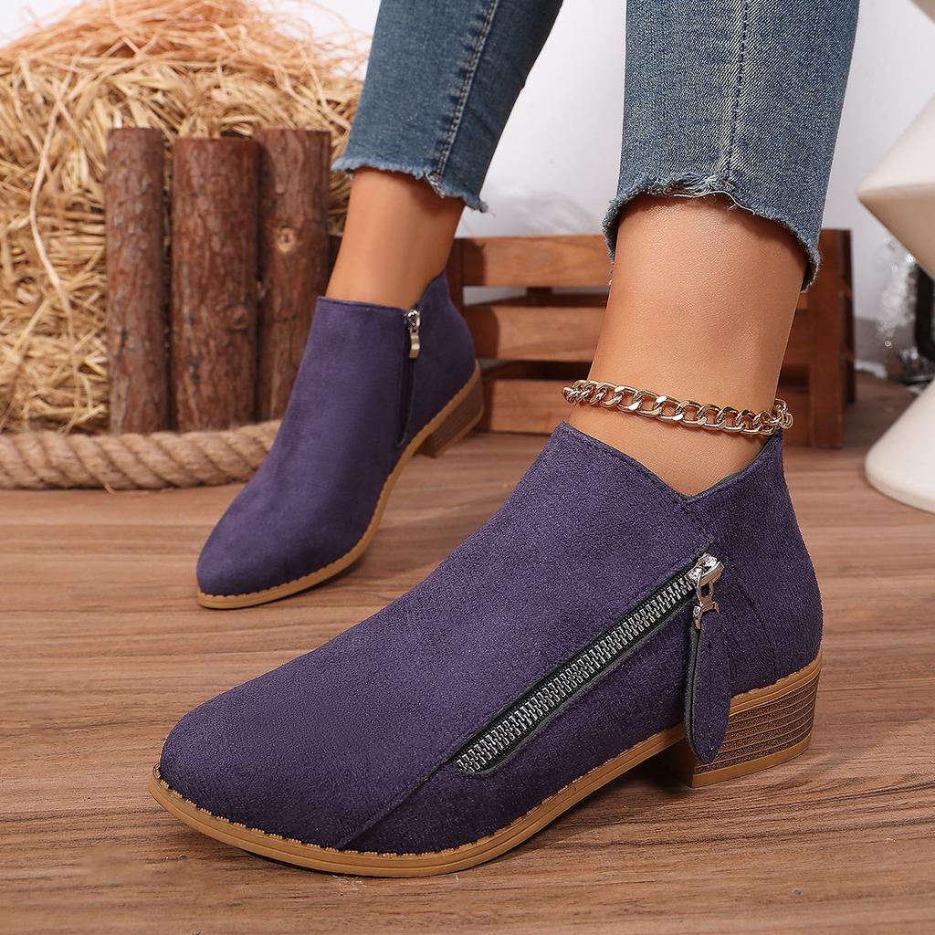Large size winter new round head European and American fashion retro side zipper round head thick heel short boots women's boots spot