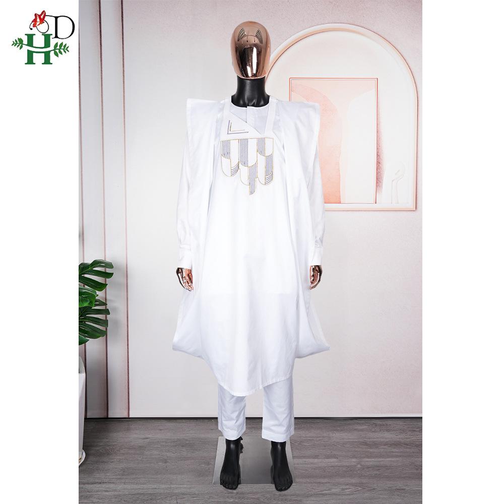 African Men's Traditional Three-Piece Set: Embroidered Robe, Pants, and Matte Cloth