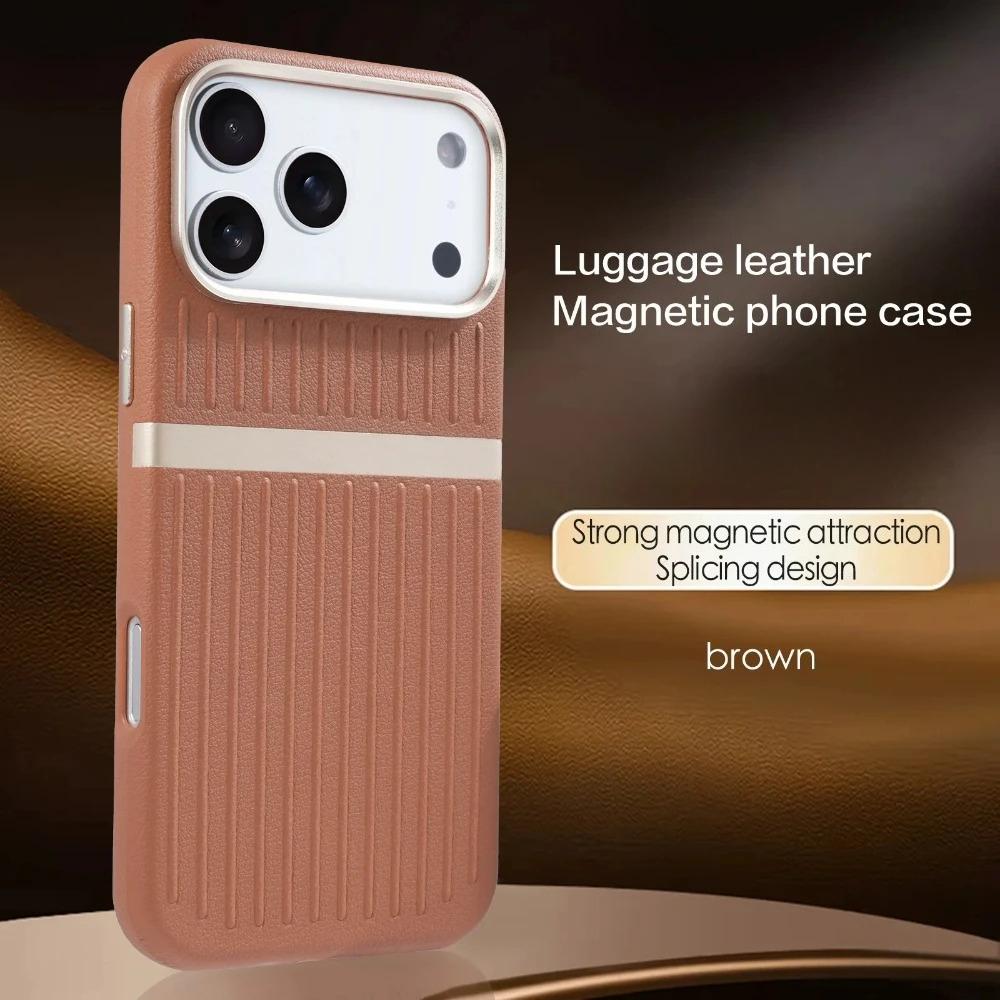 Luxury Luggage Stripe Magnetic Phone Case for iPhone 17 Pro Max 17 Air 16 Pro 15 14 13 Wireless Charging PU Leather Hard Cover