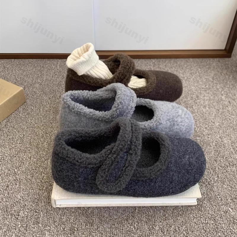 Women Flats Shoes 2026 Autumn Winter Woolen Fabric Comfort Soft Sole Mary Jane Shoes Outdoor Warm Plush Cotton Shoes Zapatos