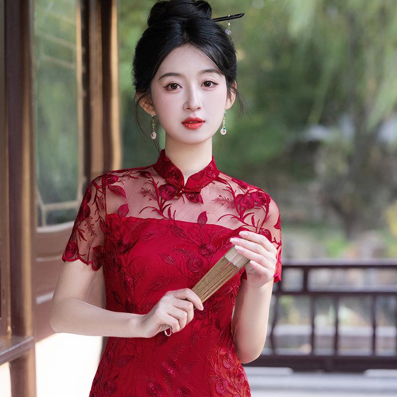 2025 Spring/Summer Mesh Embroidery Mid-Length Slit Cheongsam Dress