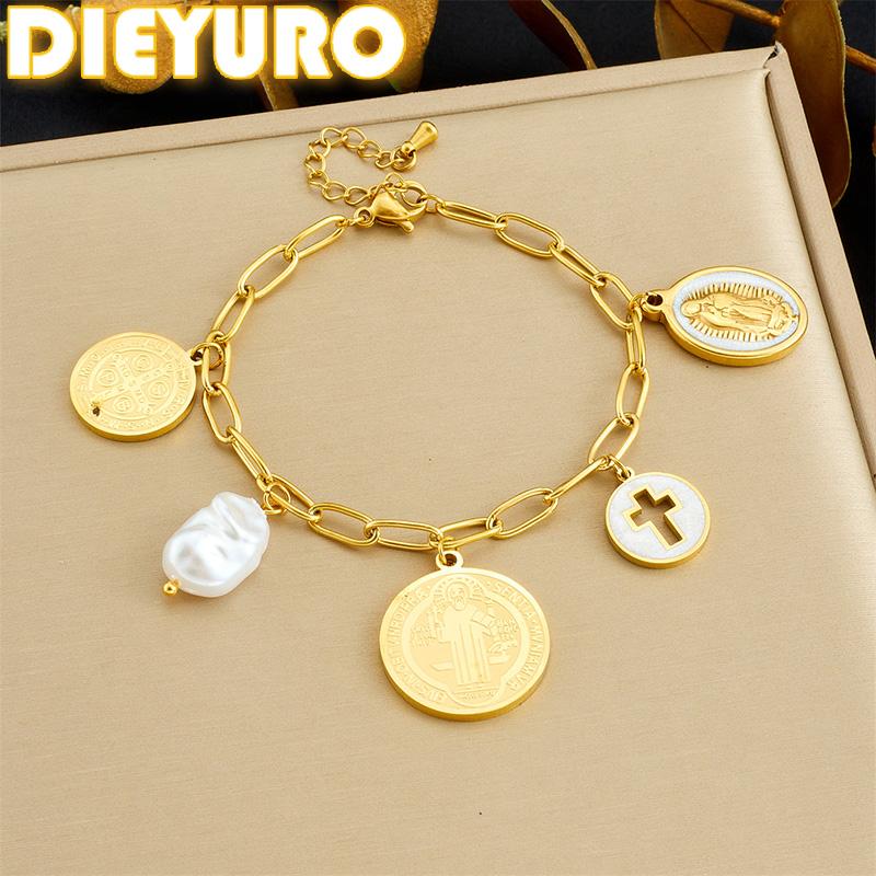 DIEYURO 316L Stainless Steel Golden Round Portrait Cross Pearl Pendant Bracelet For Women New Classic Wrist Chain Jewelry Gift