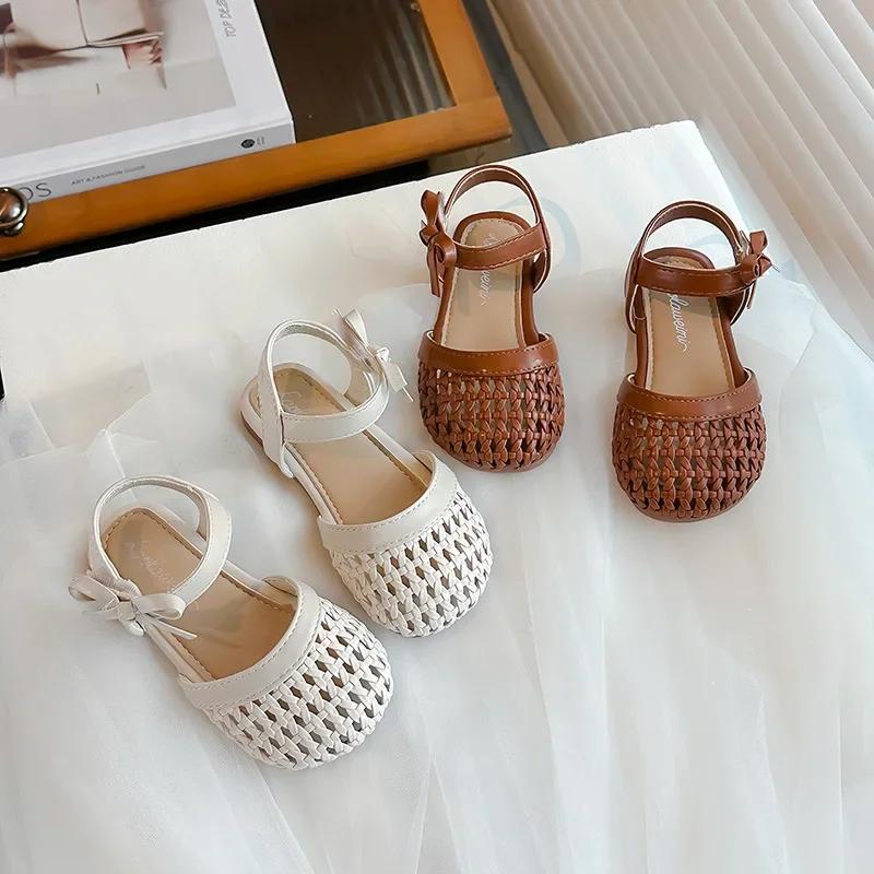 Kids Beach Shoes with Cute Knot 2024 Summer New Girls Retro British Woven Sandals Children Soft Hollow Elegant Versatile Sandals