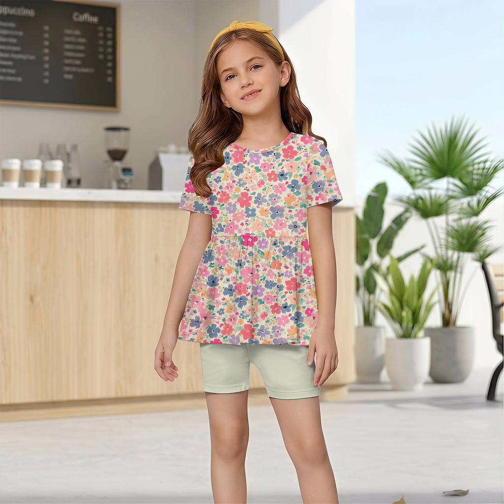 Girls Summer Outfit Set Short Sleeve Ruffle Hem Top with Floral Print and Comfortable Shorts for Casual Daily Wear