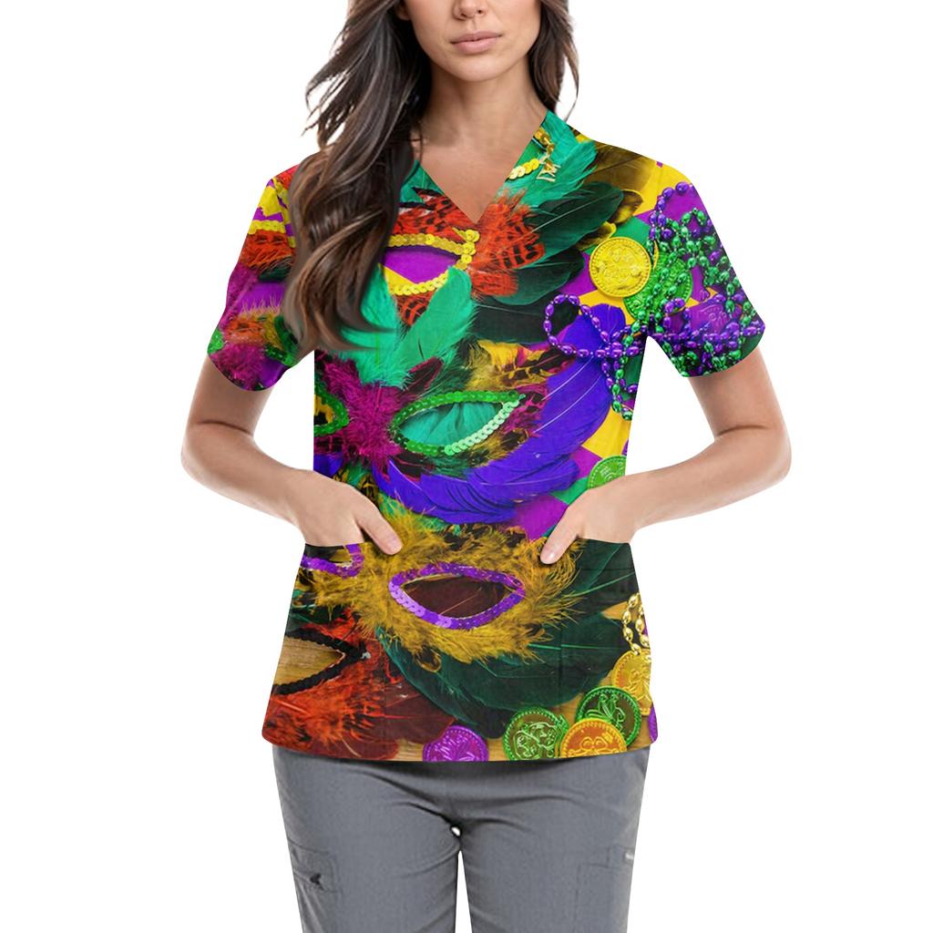 Women's  Carnival Themed Outfit Party Mask Pattern Caregiver Top