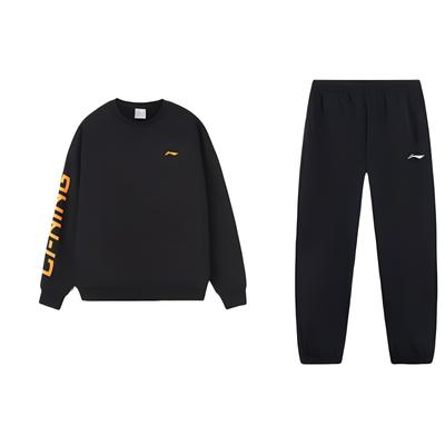 Li Ning Letter Logo Printed Warm Loose Round Neck Pullover Sweatshirt With Cuffed Knit Waist Long Pants Casual Sports Set AYKT415-1+AWDRF44-1