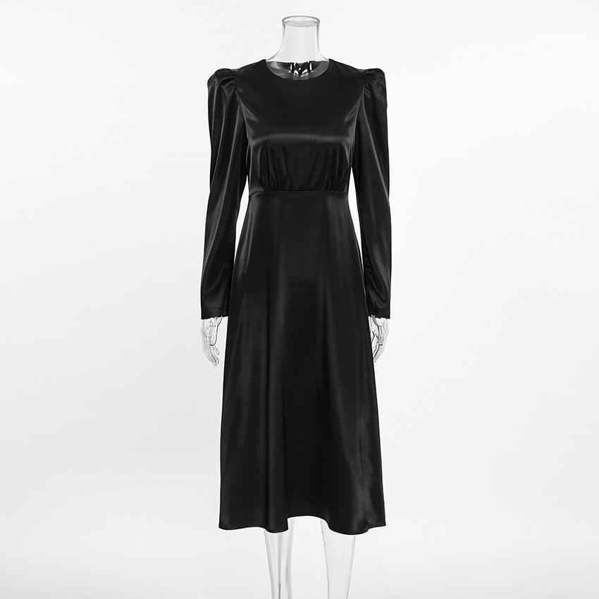 Autumn Black Fashion Thick Matte Satin Satin Crew Neck Bubble Sleeve Commuter Sexy Dress Women's Clothing